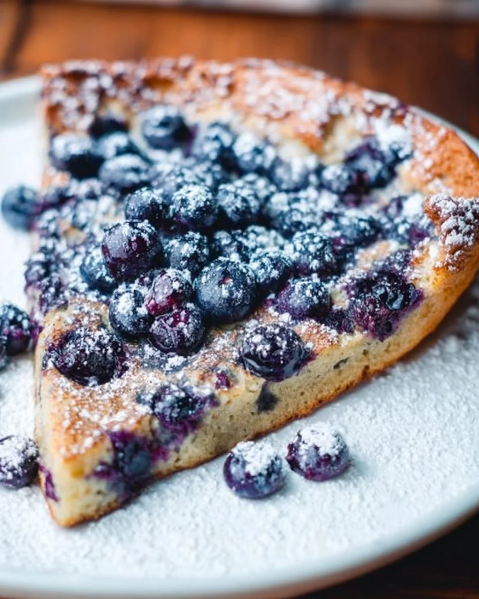Fluffy Blueberry Dutch Baby pancake topped with fresh blueberries