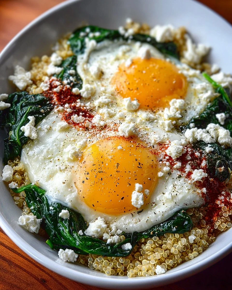 Breakfast bowl topped with egg, spinach, and feta cheese for a nutritious meal.