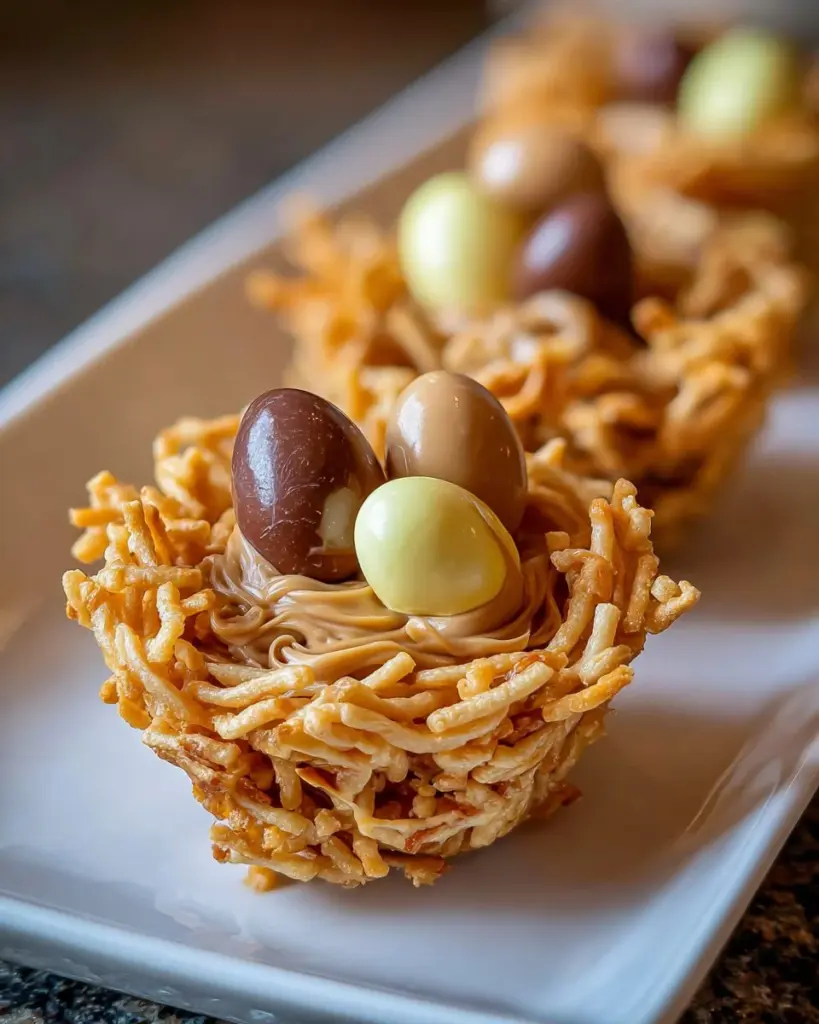 Butterscotch and peanut butter bird nest cookies with chocolate eggs.