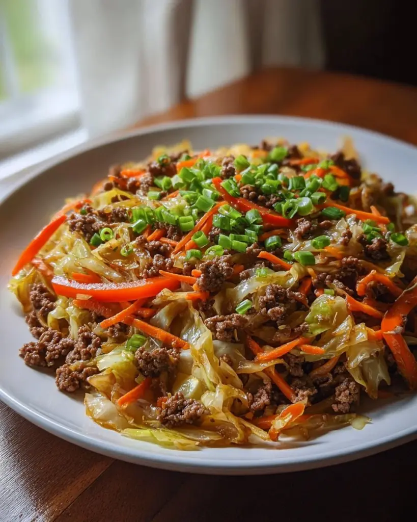 Colorful cabbage stir fry in a skillet with vegetables and seasonings