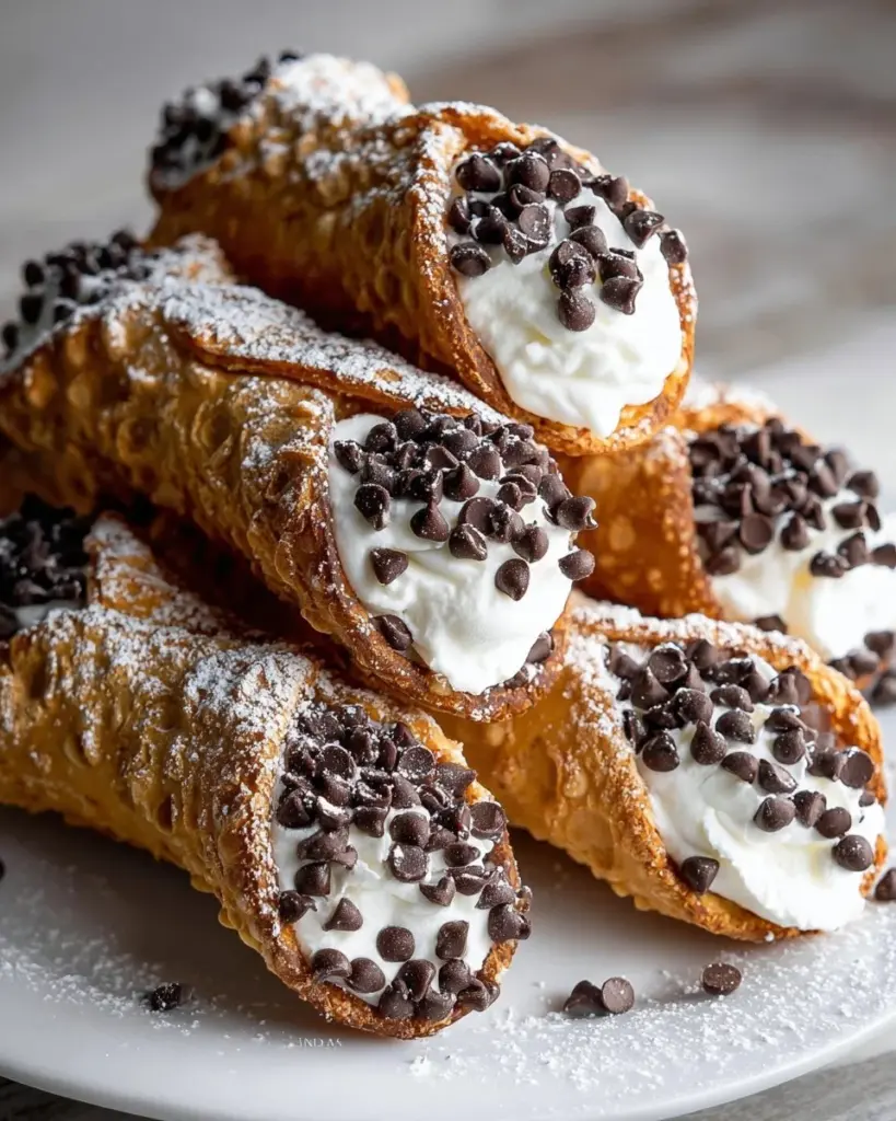 Plate of homemade cannoli cookies with creamy filling and powdered sugar