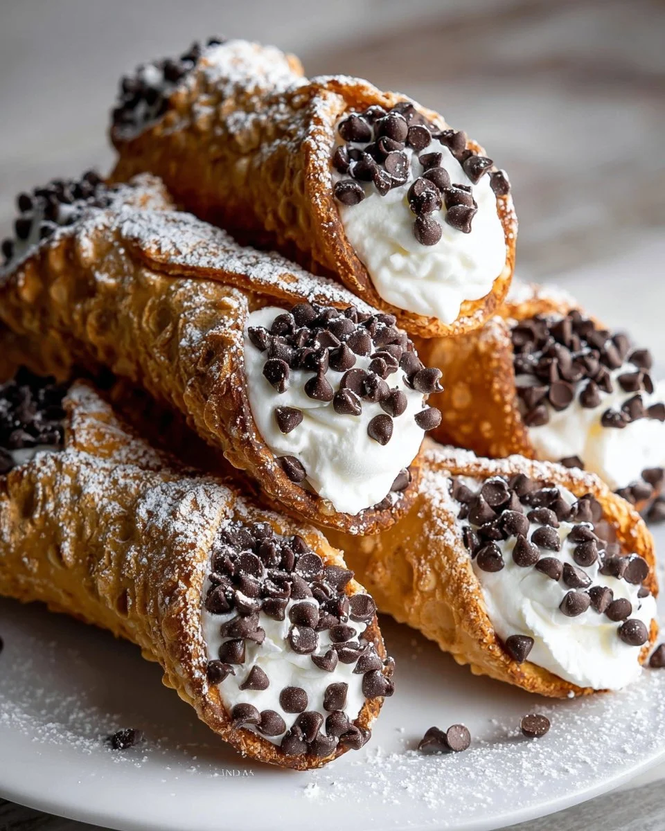 Plate of homemade cannoli cookies with creamy filling and powdered sugar