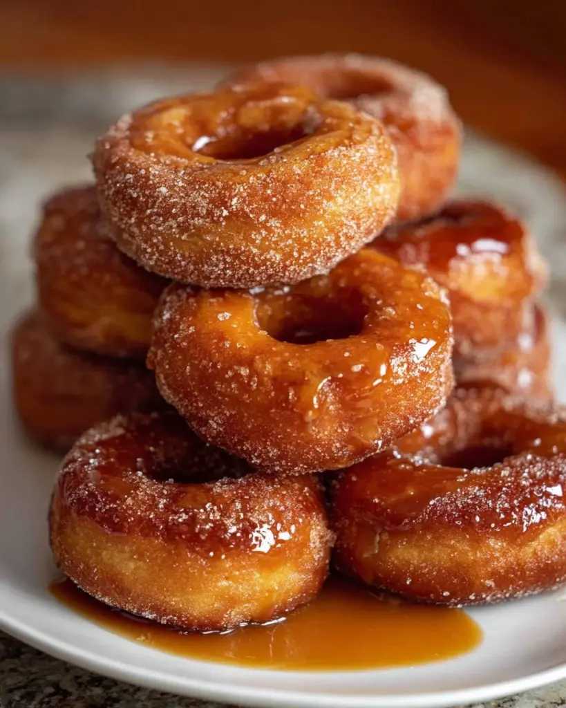 Freshly baked caramel apple cider donuts dusted with cinnamon sugar