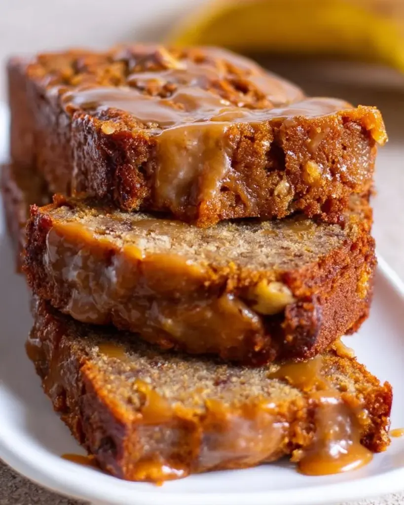 Delicious slice of Caramel Macchiato Banana Bread topped with caramel drizzle