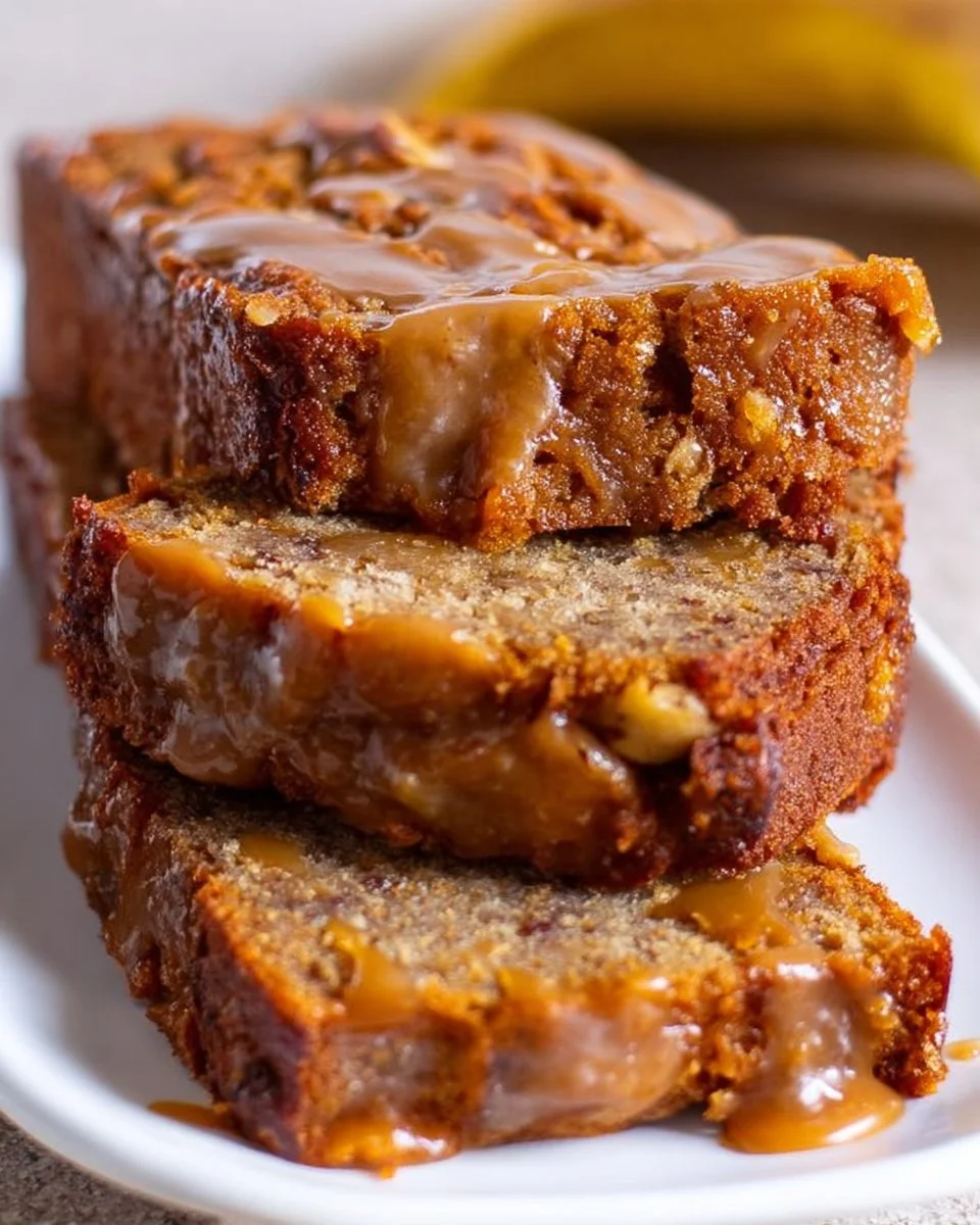 Delicious slice of Caramel Macchiato Banana Bread topped with caramel drizzle