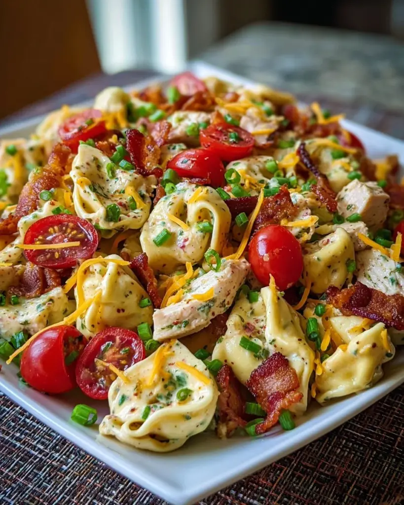Cheddar Bacon Ranch Tortellini Salad in a bowl with fresh ingredients