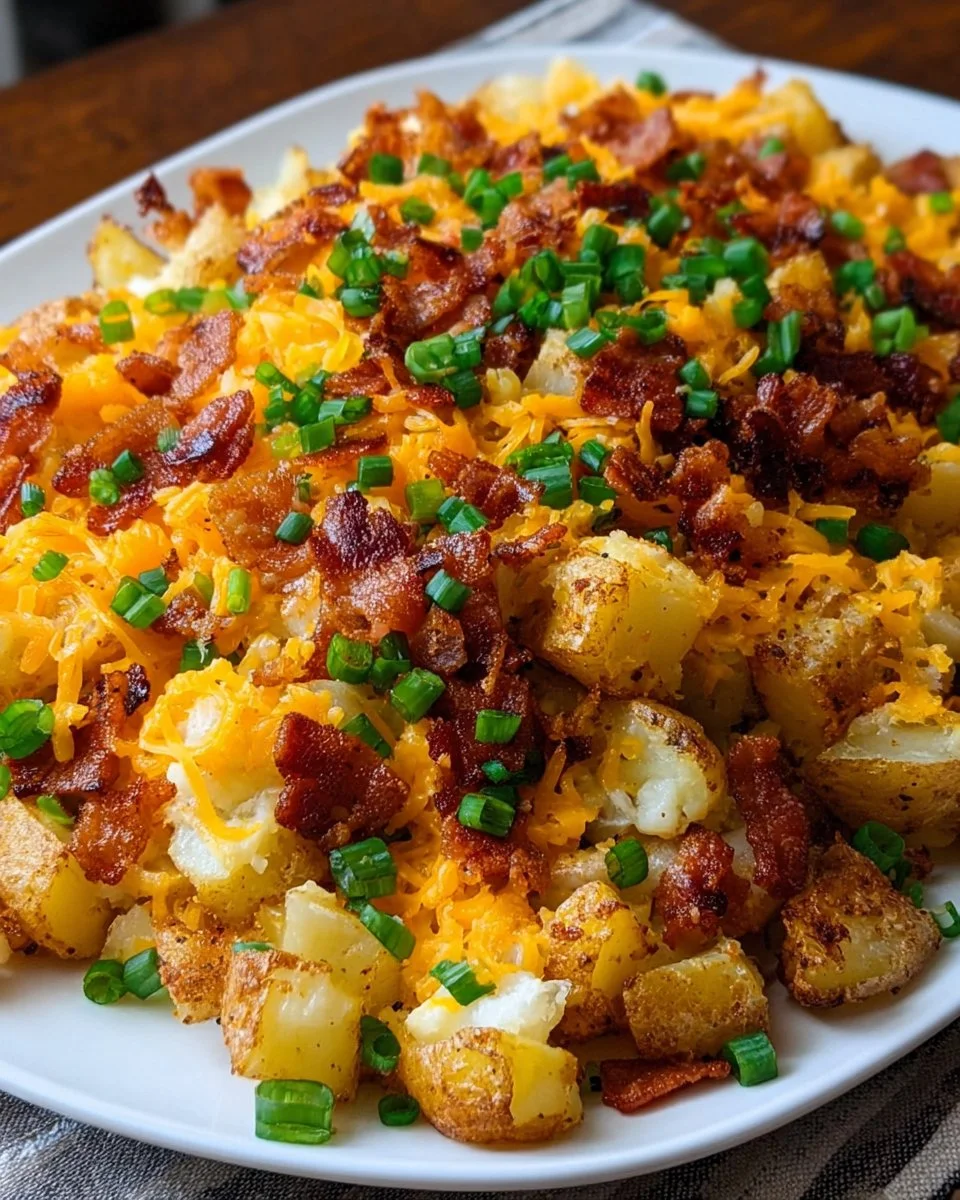 Cheesy breakfast potatoes topped with crispy bacon on a plate
