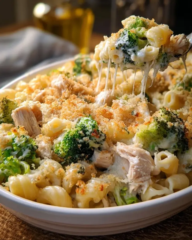 Creamy Chicken Alfredo Bake with pasta and chicken in a casserole dish