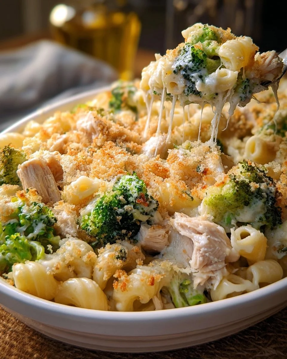 Creamy Chicken Alfredo Bake with pasta and chicken in a casserole dish