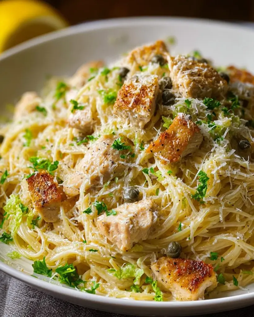 A bowl of Chicken Caesar Pasta with grilled chicken, romaine lettuce, and Caesar dressing.