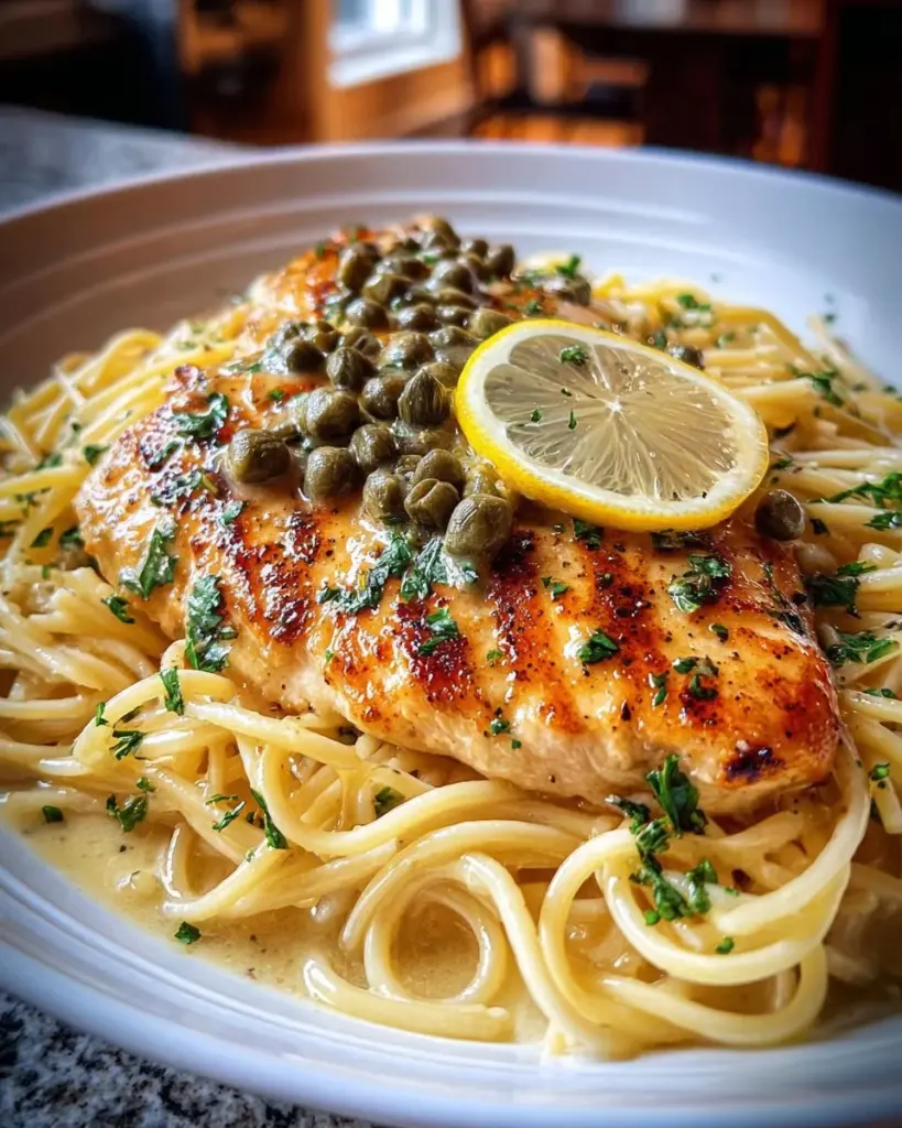 Chicken Piccata Pasta garnished with lemon and parsley on a plate