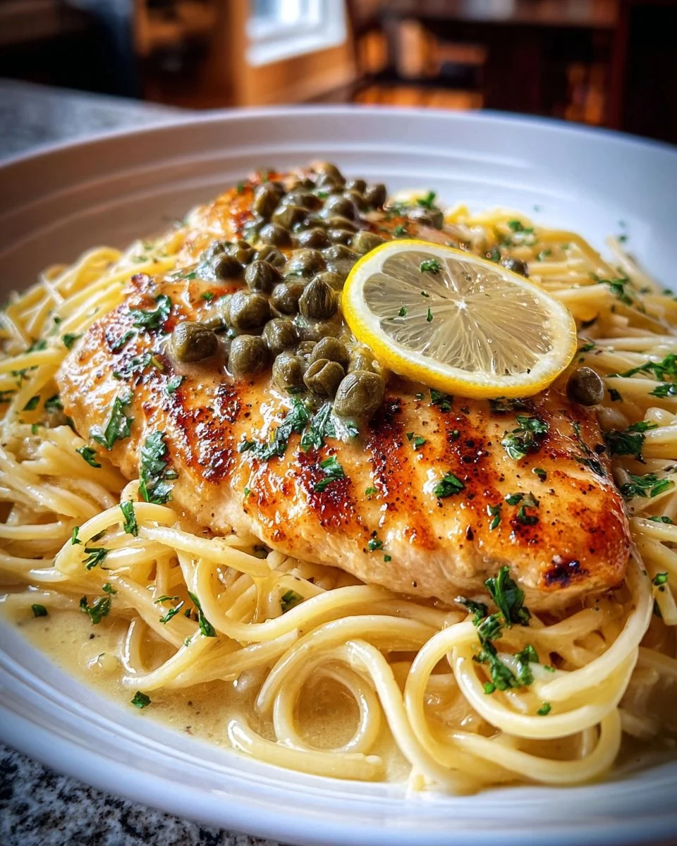 Chicken Piccata Pasta garnished with lemon and parsley on a plate