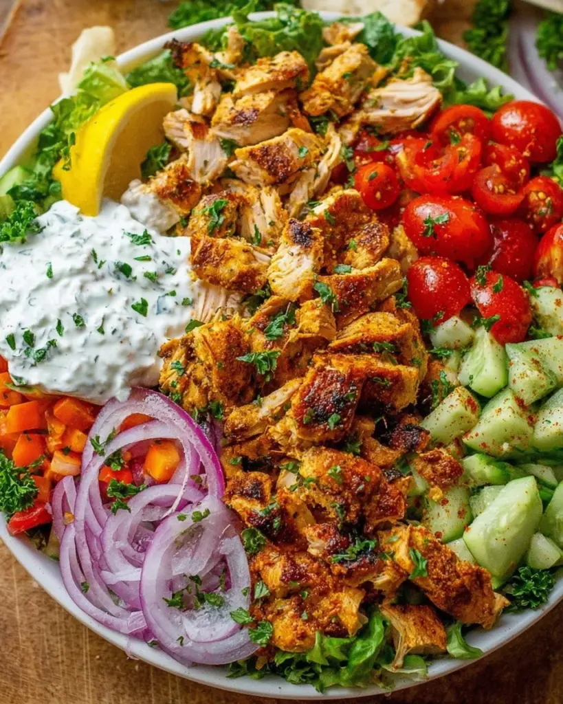 A vibrant Chicken Shawarma Salad topped with fresh vegetables and savory dressing.