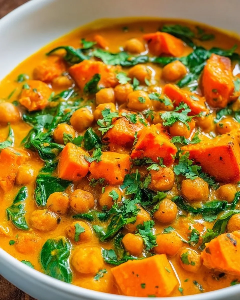 Chickpea curry with sweet potatoes and coconut milk served in a bowl