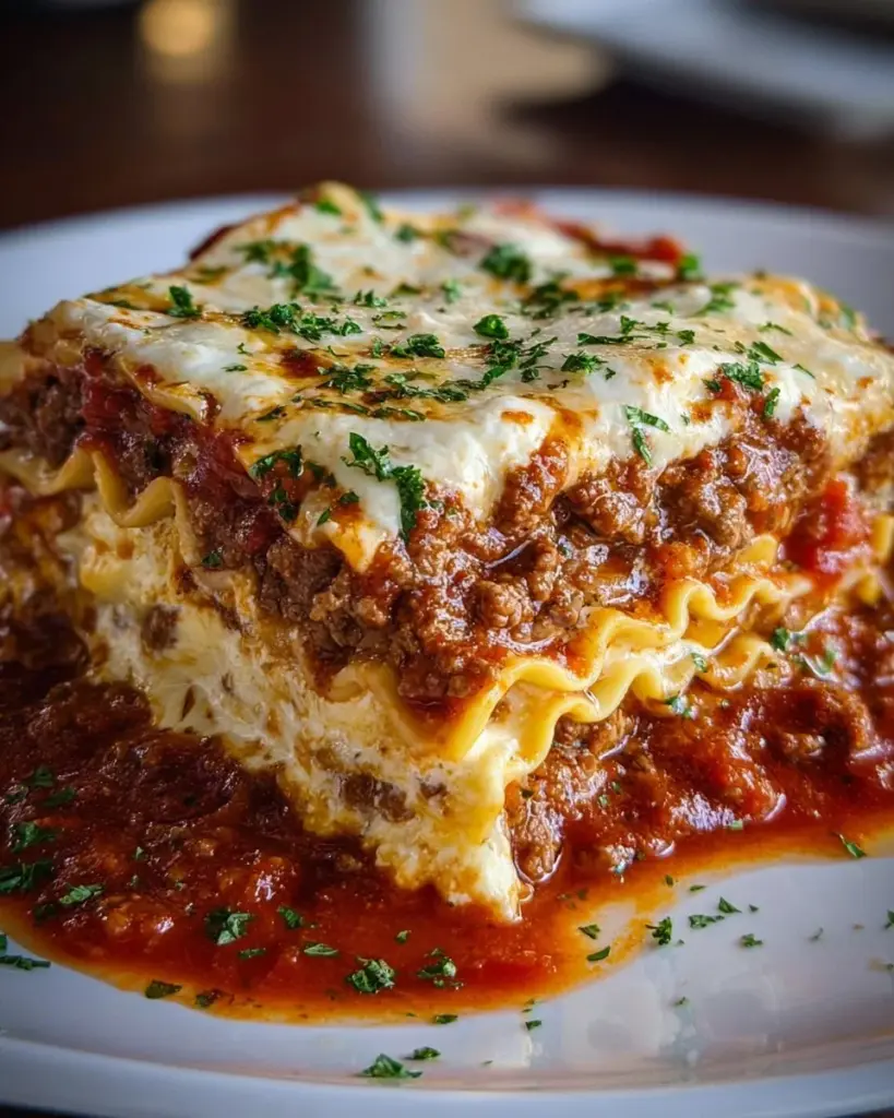 Delicious Christmas Eve Lasagna topped with melted cheese and herbs