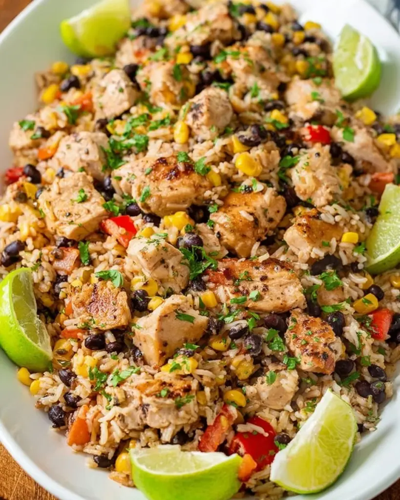 Plate of cilantro lime chicken served with rice and garnished with lime and cilantro.