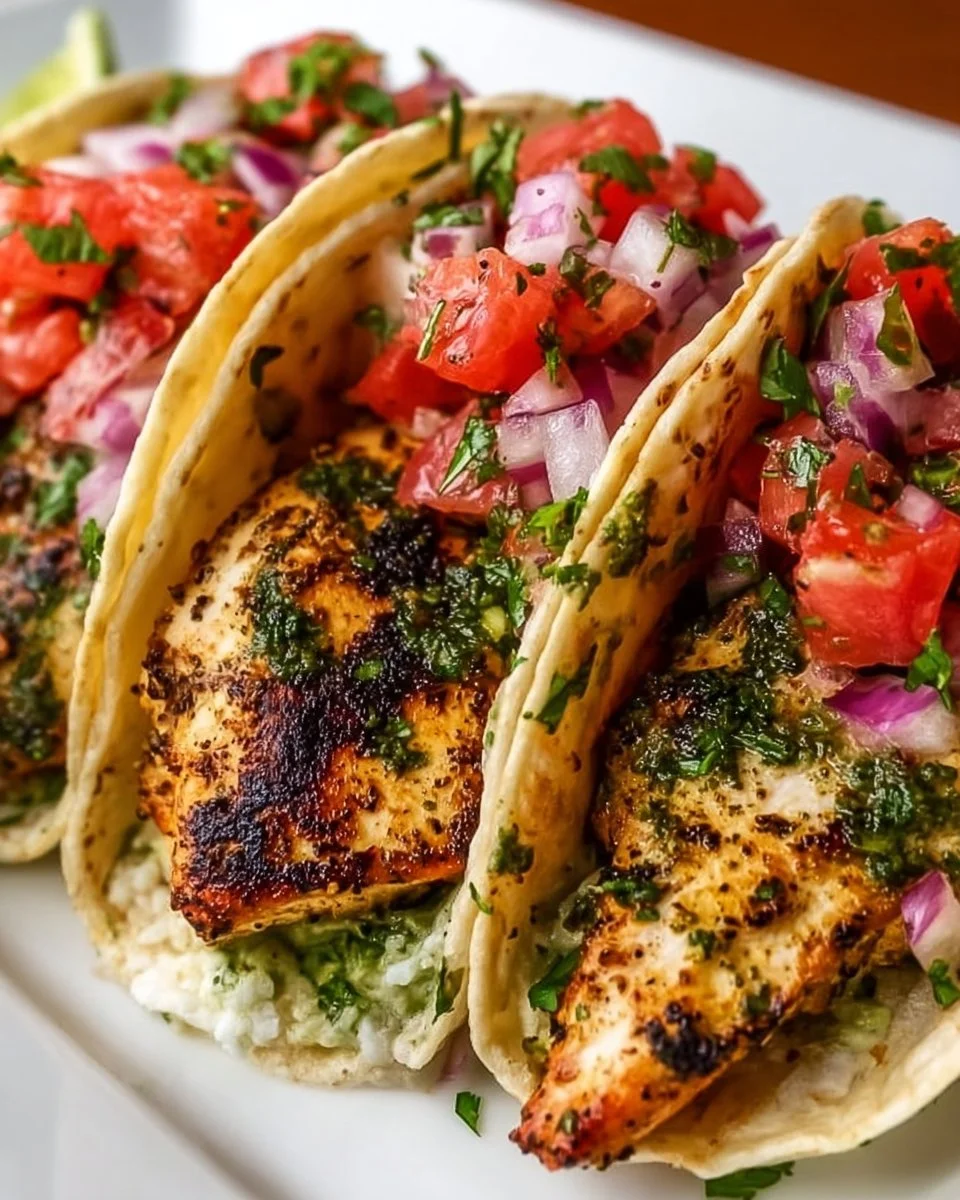 Cilantro Lime Grilled Chicken Tacos served on a plate with fresh toppings