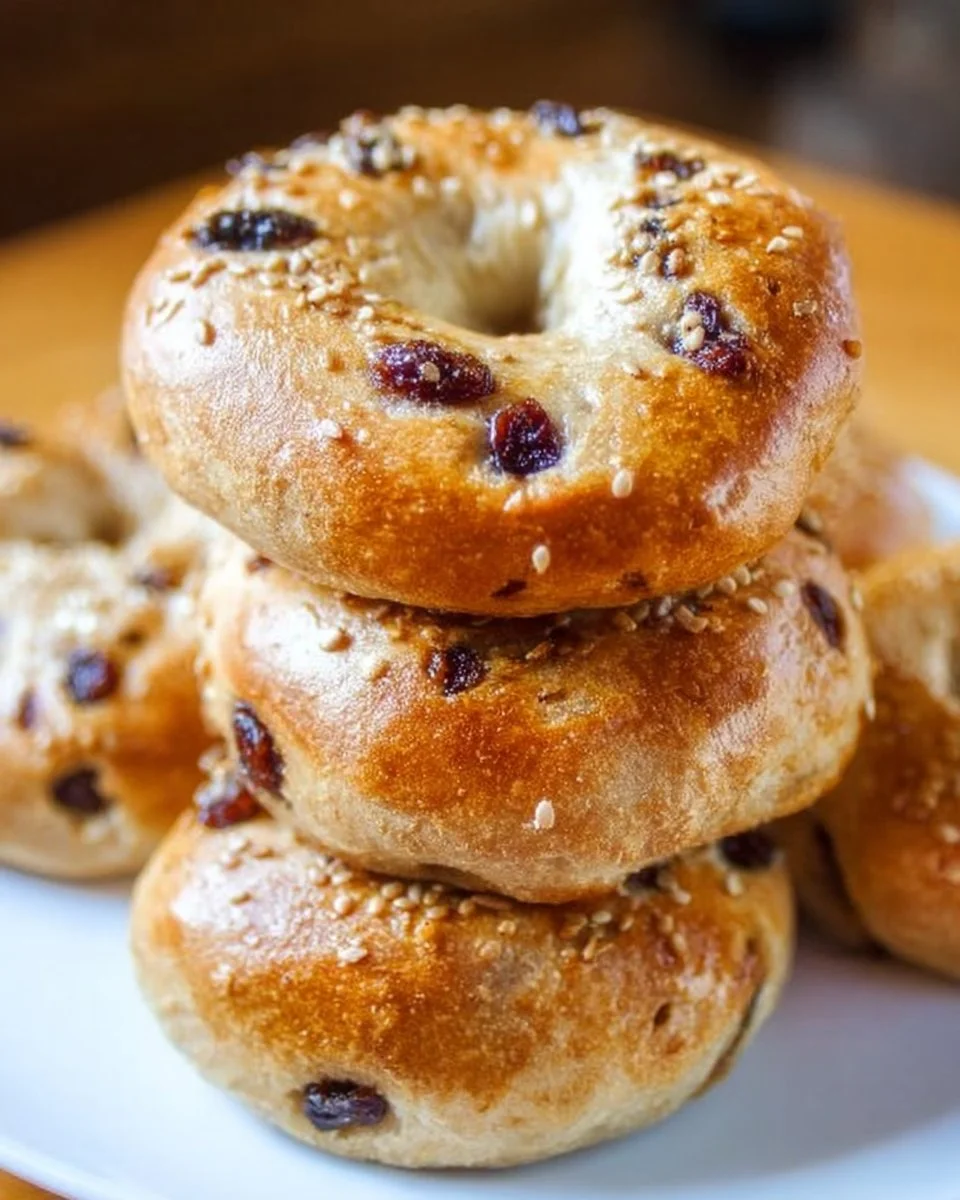 Freshly baked cinnamon raisin bagels with a golden crust and sweet raisins