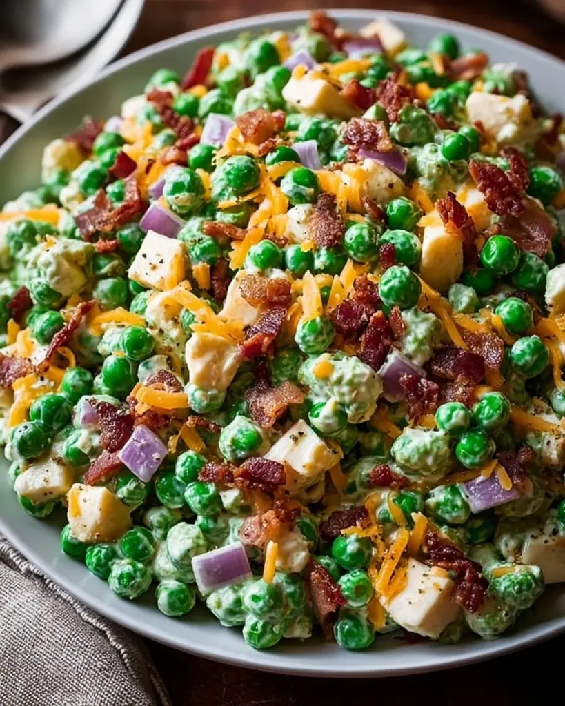 Classic pea salad with fresh peas and creamy dressing served on a plate.