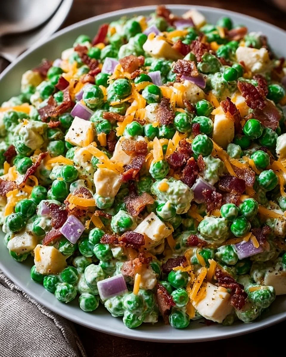 Classic pea salad with fresh peas and creamy dressing served on a plate.