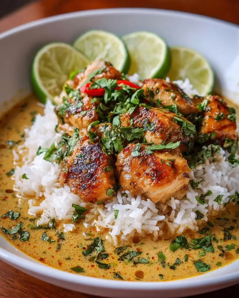 Coconut Chicken Brothy Rice garnished with herbs in a bowl