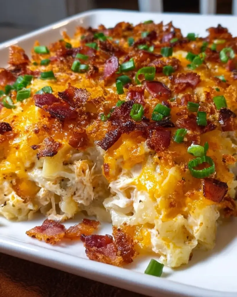Delicious Crack Chicken Casserole topped with cheese and herbs