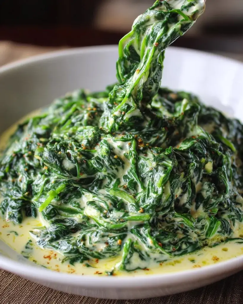 Bowl of creamy creamed spinach garnished with spices