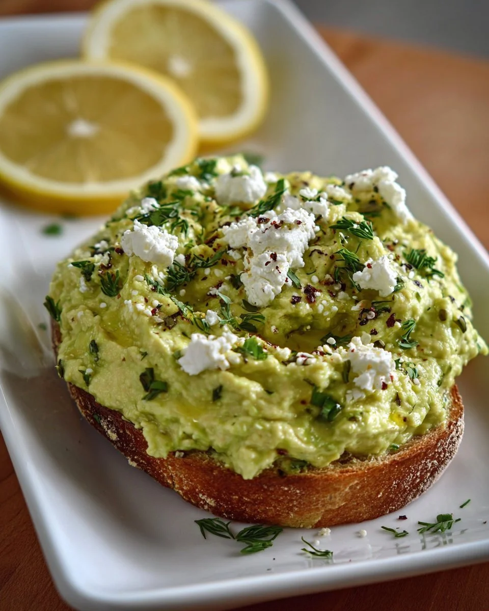 Bowl of creamy avocado feta dip with fresh herbs and vegetables for dipping