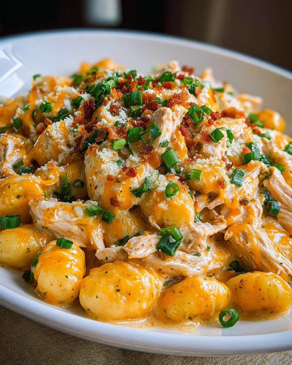 Delicious creamy Crack Chicken Gnocchi served in a bowl with herbs.