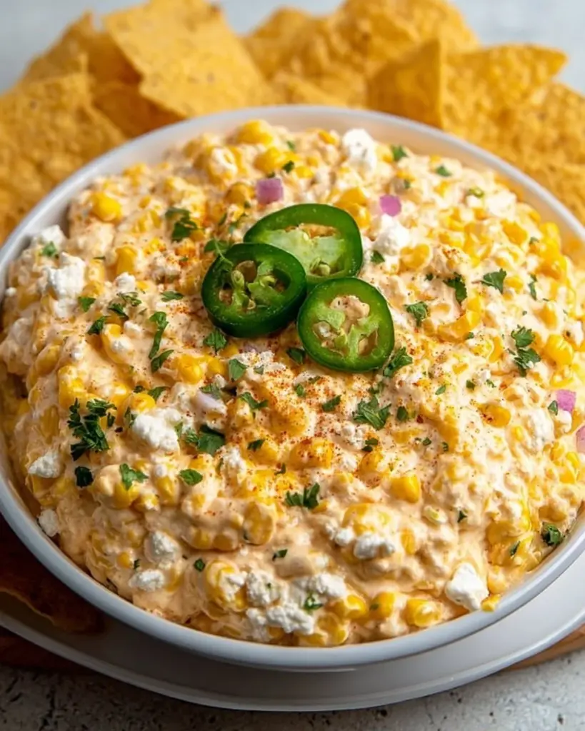 Creamy Mexican corn dip served in a bowl with tortilla chips