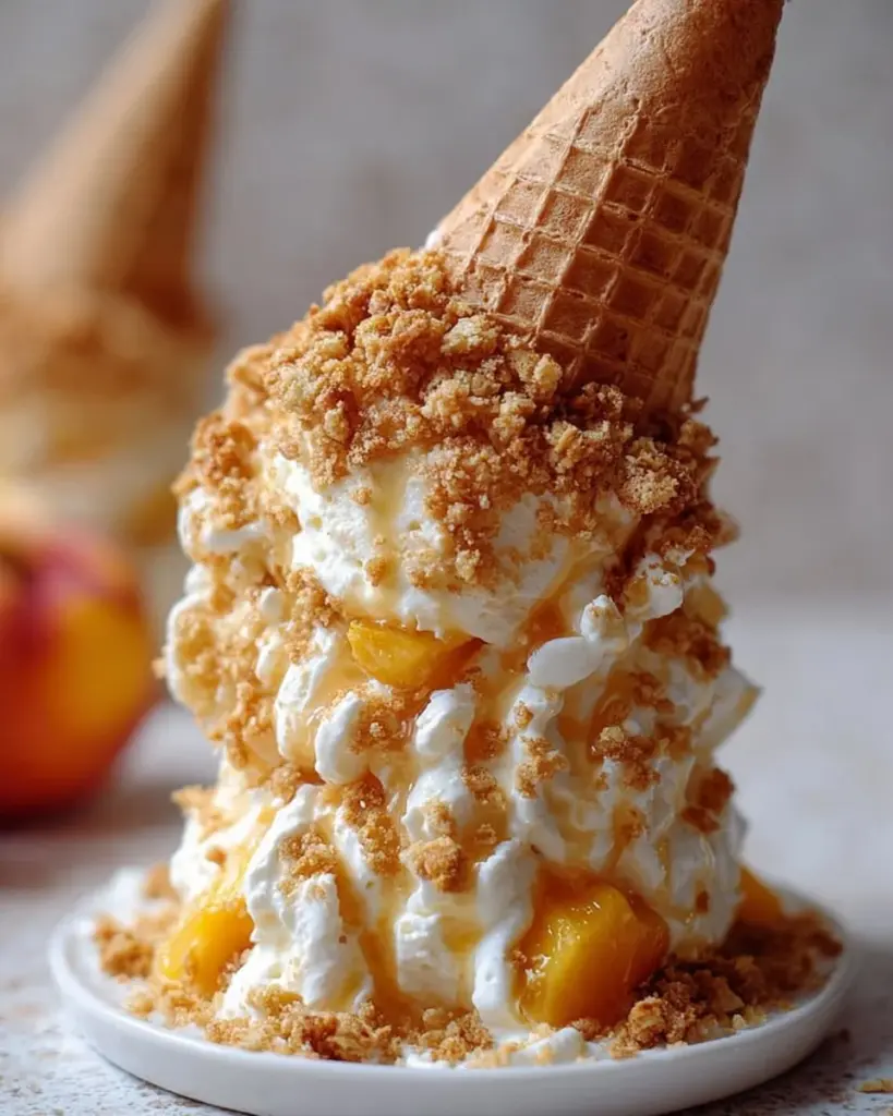 Creamy peach crumble cheesecake cone topped with a crunchy crumble layer