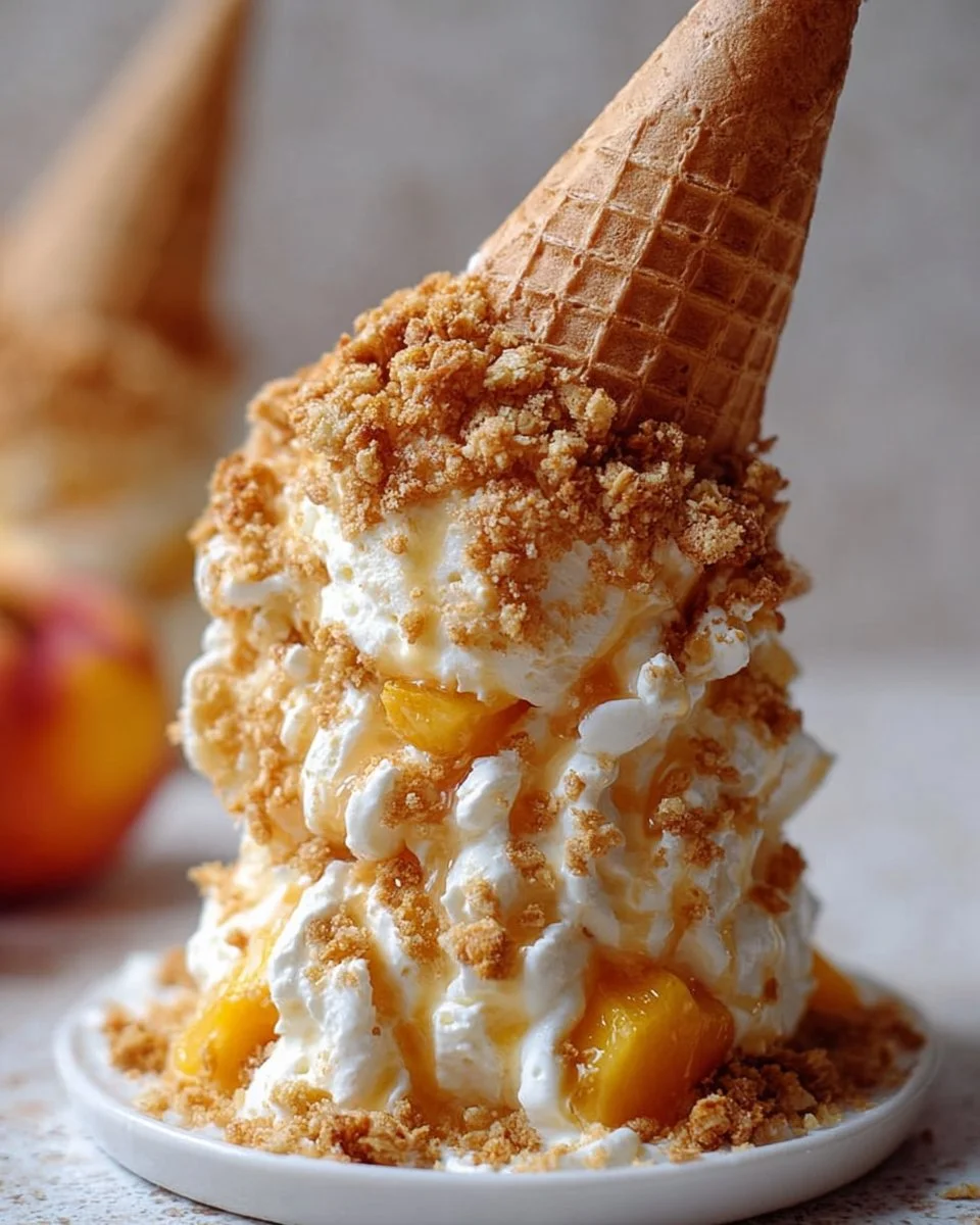 Creamy peach crumble cheesecake cone topped with a crunchy crumble layer