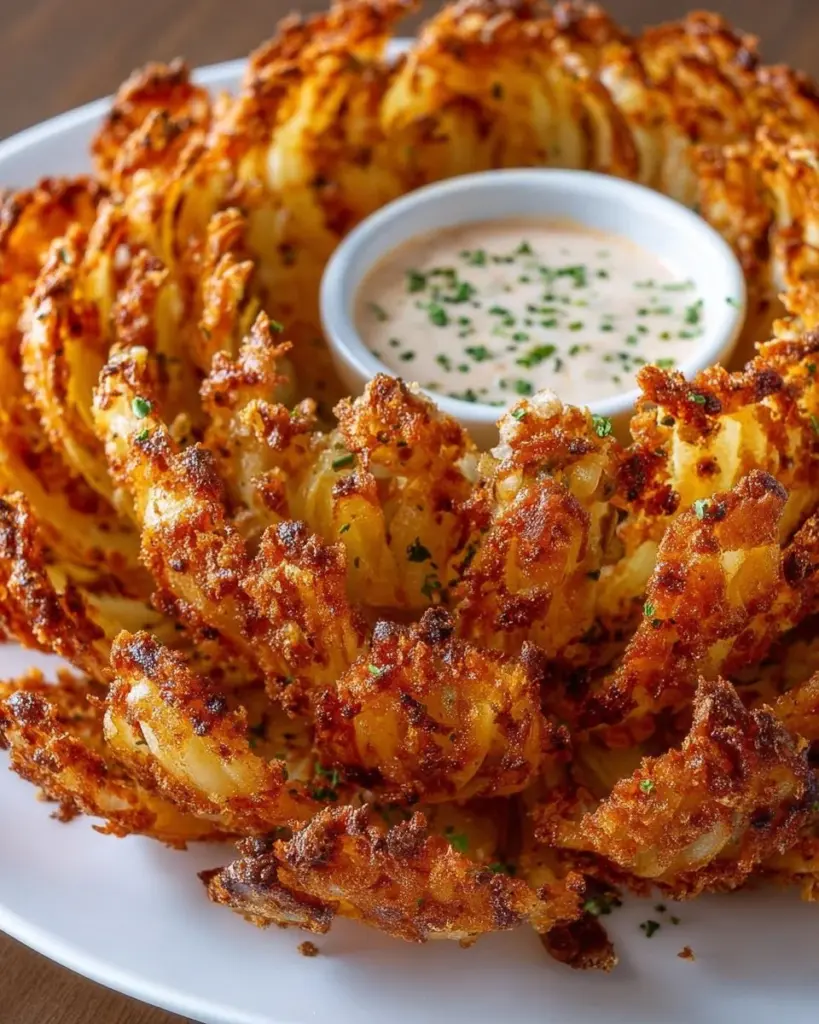 Crispy air fryer blooming onion served with dipping sauce