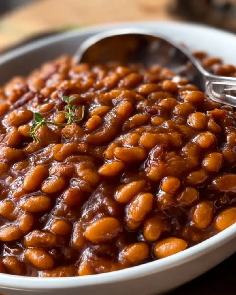 Delicious crockpot baked beans served in a bowl