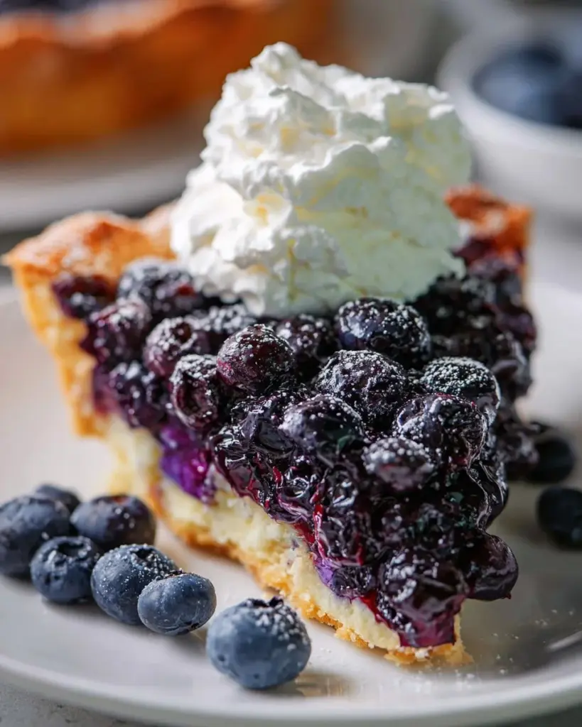 Crustless blueberry pie topped with fresh blueberries and whipped cream.