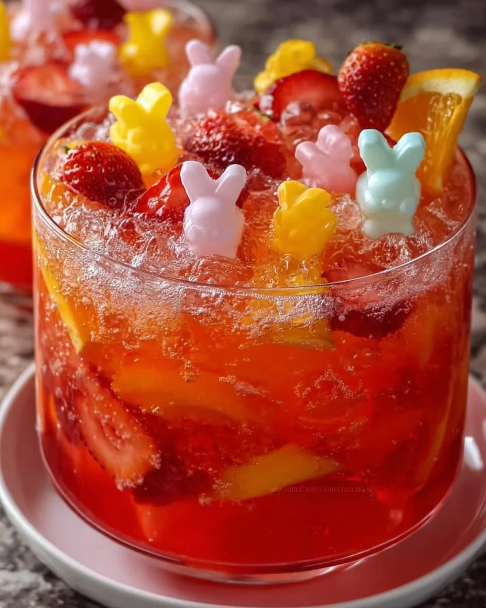 Colorful Easter Bunny Punch in a glass with festive garnishes