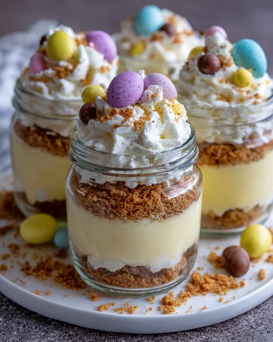 Easter Egg Cheesecake Jars with colorful Easter decorations