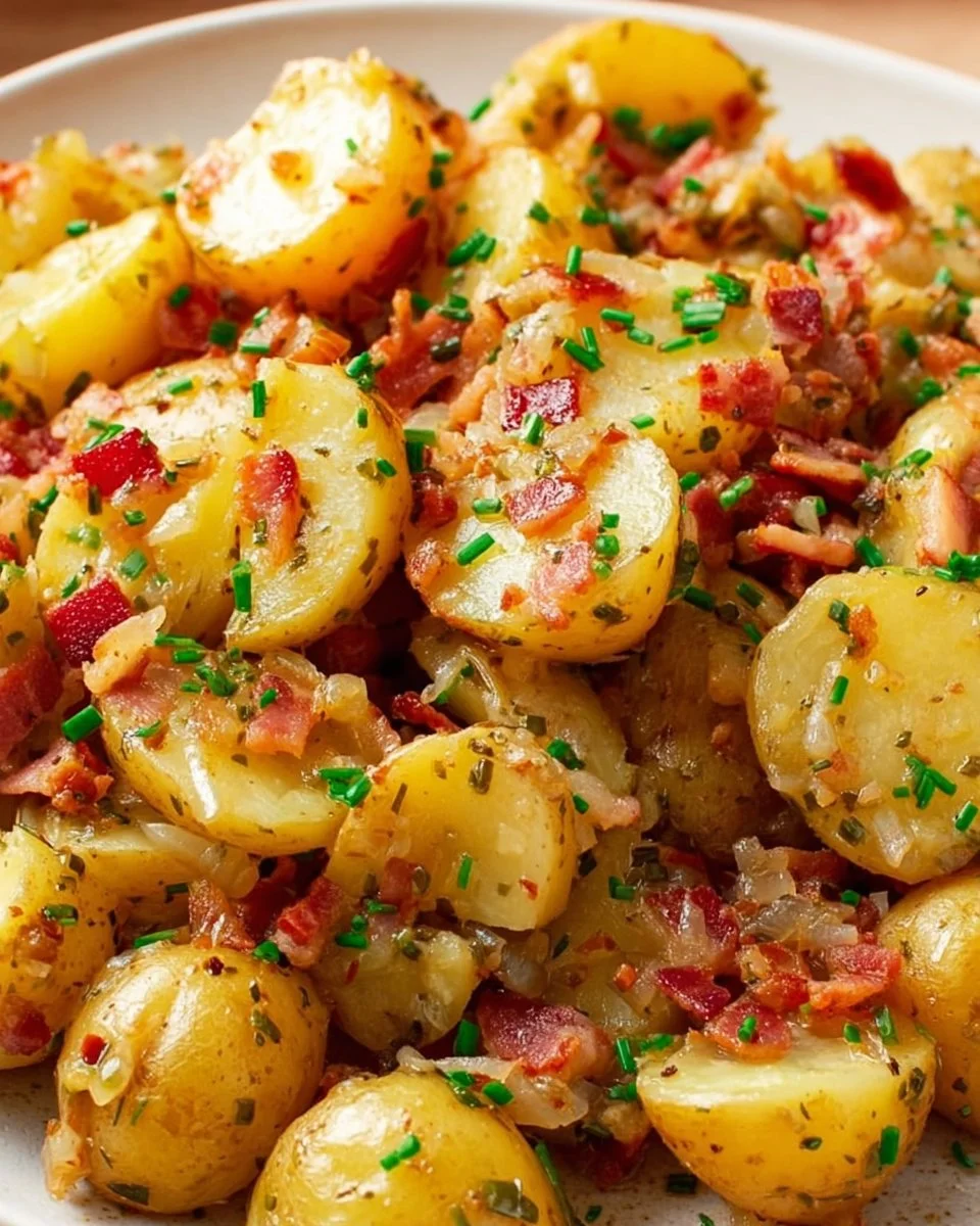 Bowl of easy German potato salad garnished with herbs