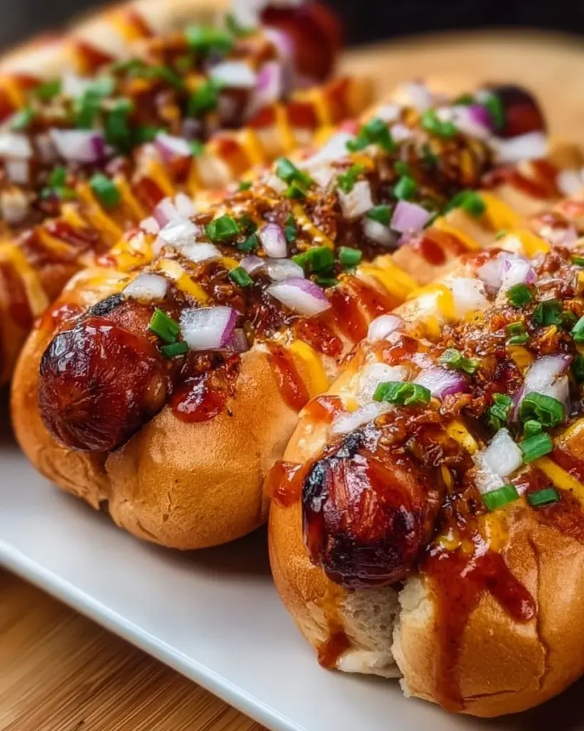 Firecracker Hot Dogs drizzled with sweet and spicy sauce