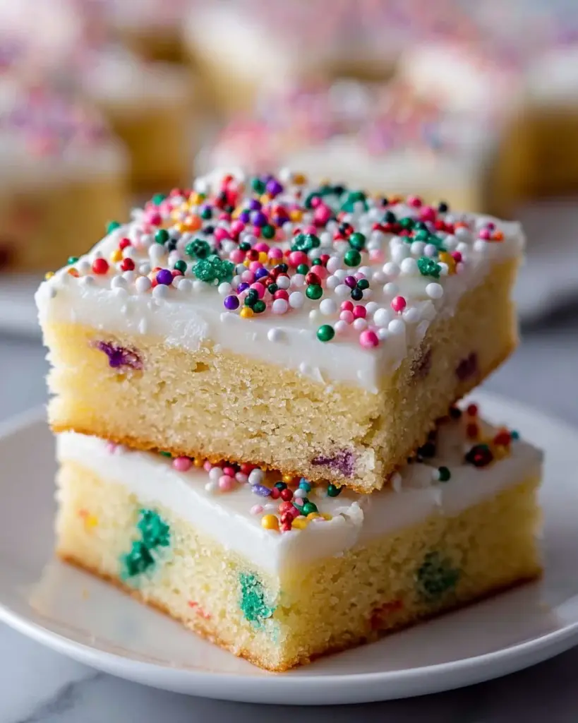 Frosted sugar cookie bars topped with colorful sprinkles on a white plate.