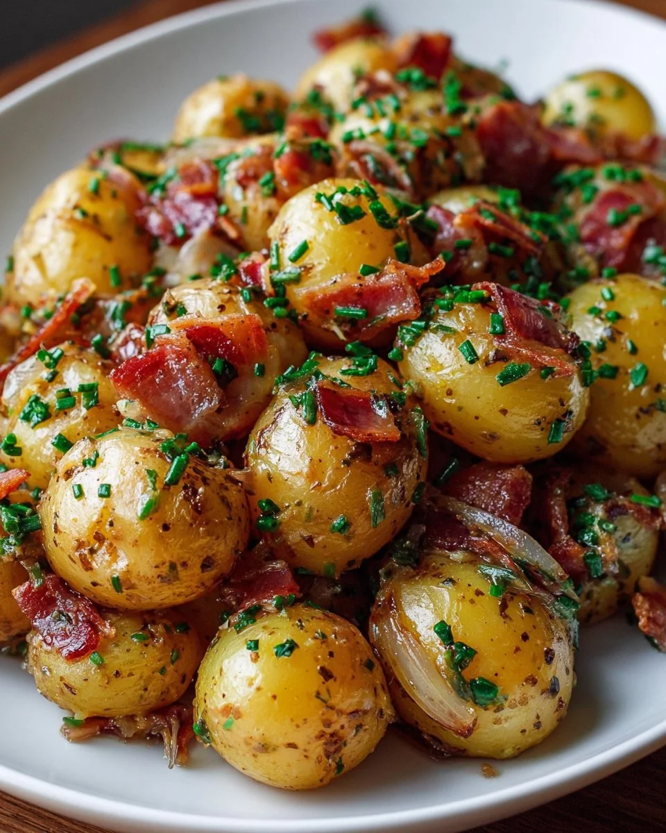 Delicious German Potato Salad served in a bowl with fresh herbs.