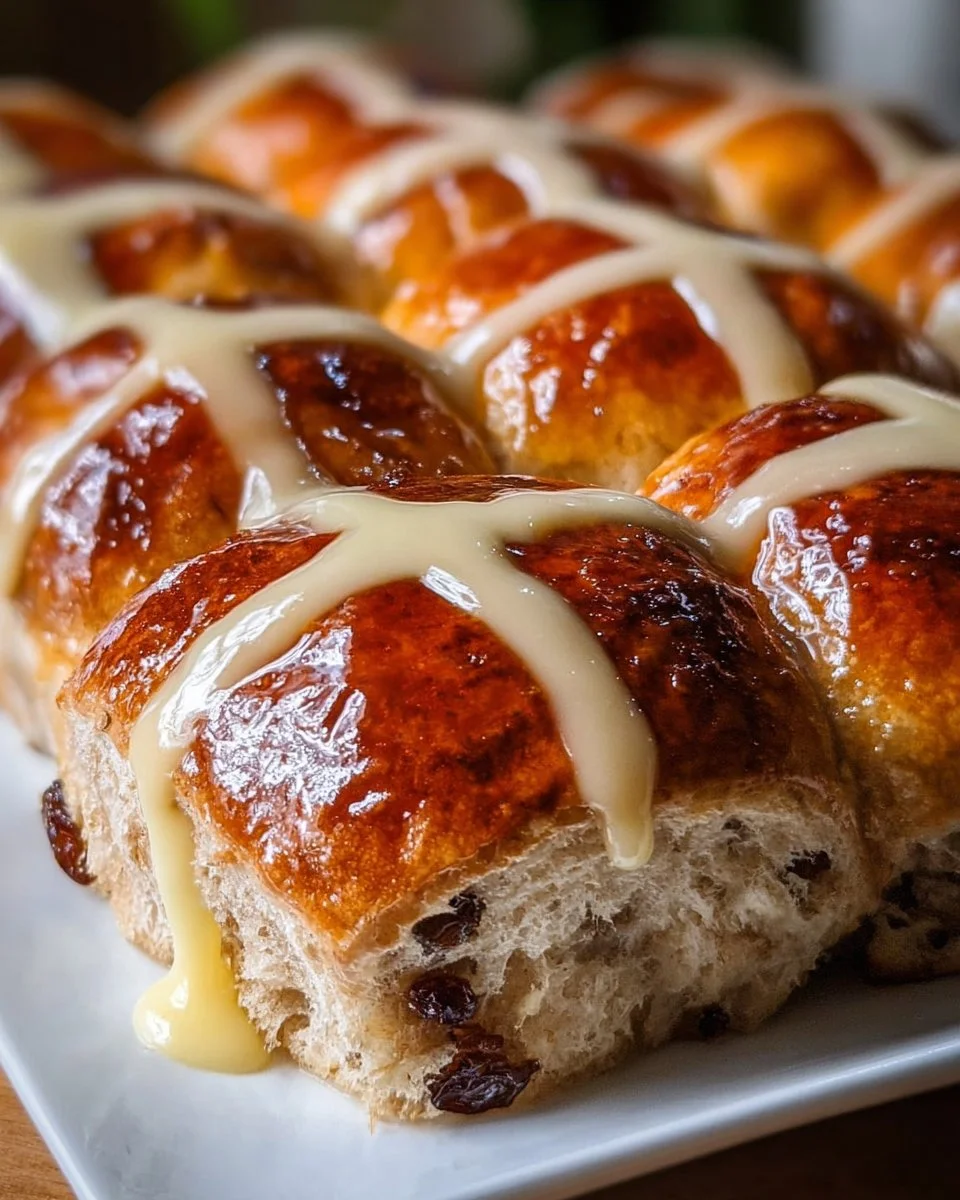 Golden Apple Hot Cross Buns fresh out of the oven, showcasing their golden color and spiced topping.