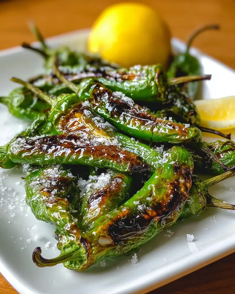 Grilled shishito peppers served on a plate with seasoning and lemon.
