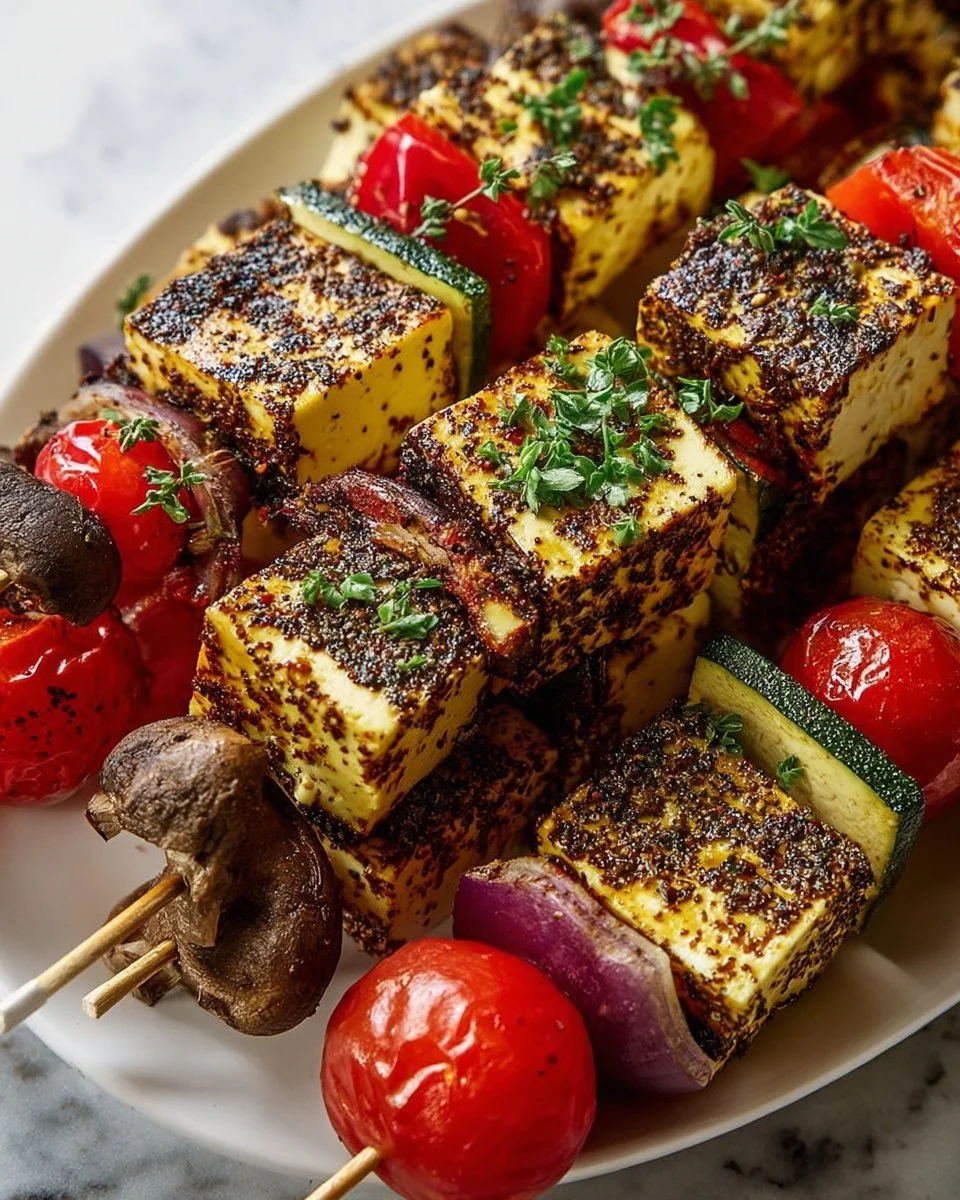 Grilled Za'atar tofu skewers served on a plate with fresh vegetables
