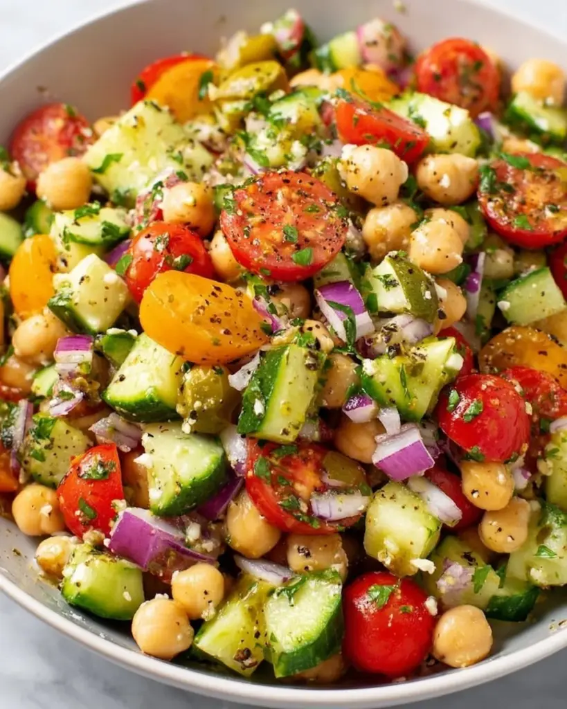 Healthy chickpea salad with fresh vegetables and dressing