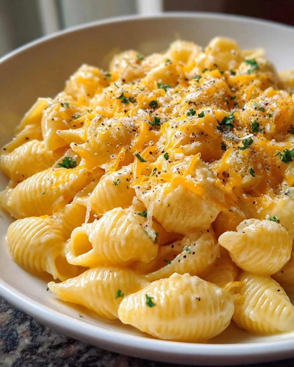 Creamy homemade shells and cheese served in a bowl