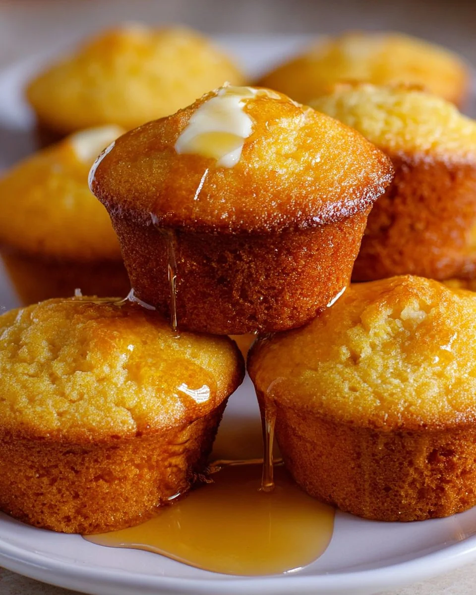 Freshly baked honey cornbread muffins topped with honey glaze
