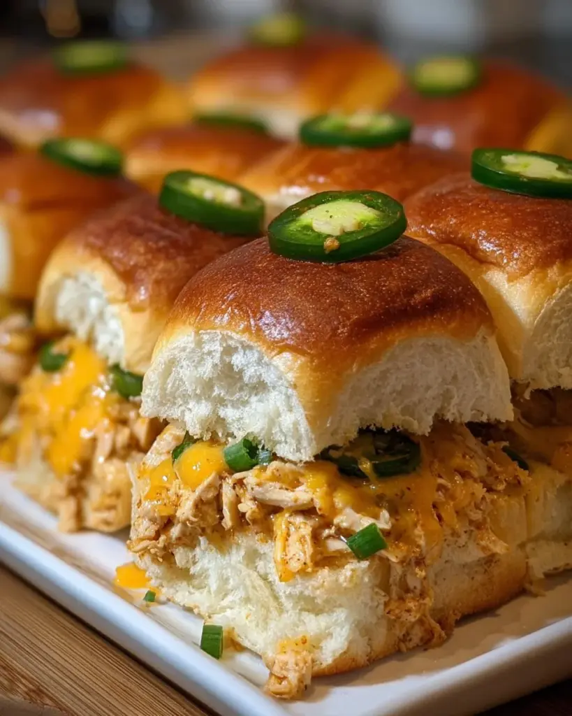 Jalapeño chicken sliders served on a platter with toppings