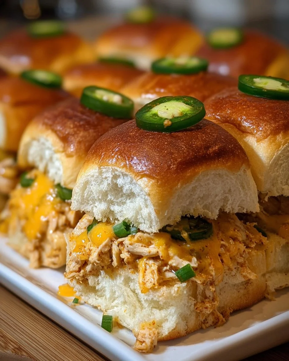 Jalapeño chicken sliders served on a platter with toppings