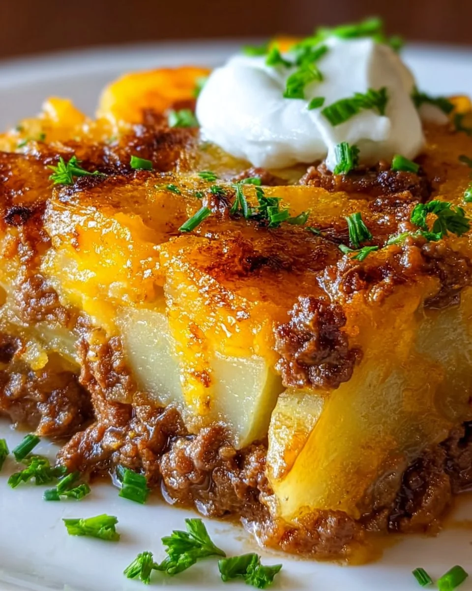 Loaded Beef & Potato Bake topped with melted cheese and fresh herbs
